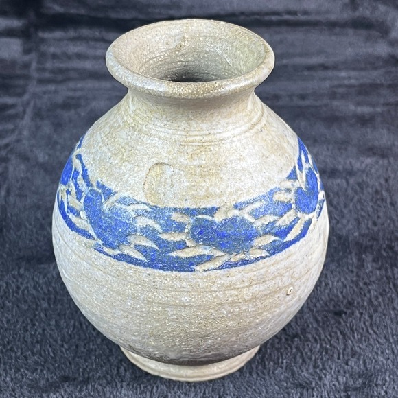 Studio Pottery Stoneware Vase Blue Slip Carved Signed 1993 Japanese Style - Picture 1 of 7